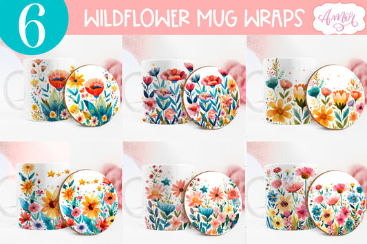 Wildflowers mug wrap and coaster PNG for Sublimation BUNDLE