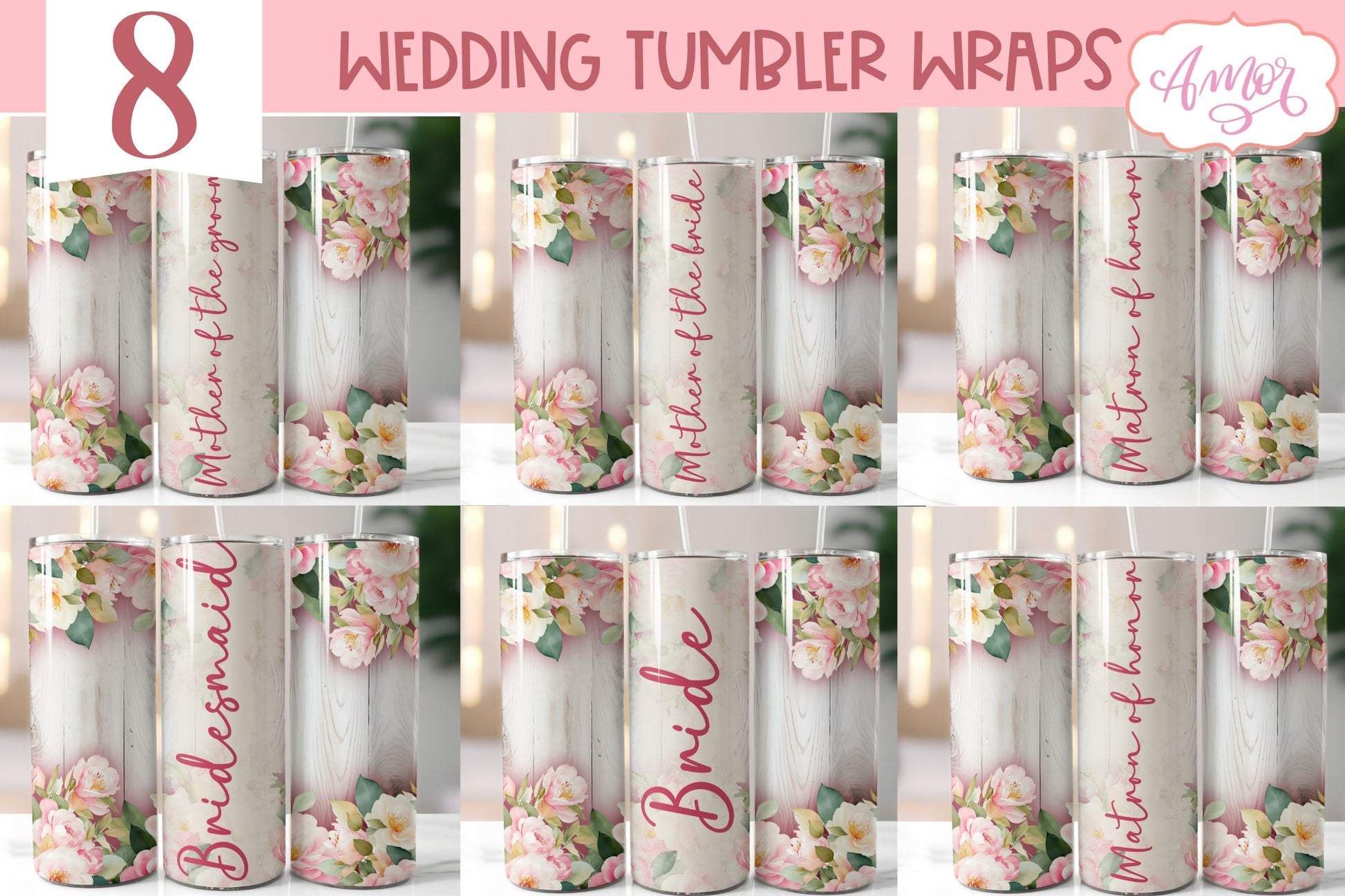 Wood and flowers wedding Tumbler Wraps sublimation BUNDLE