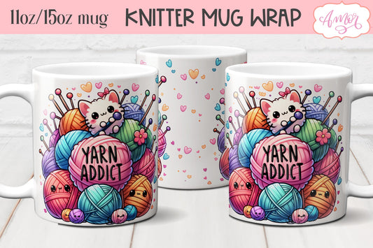 Yarn addict mug wrap PNG for sublimation | Knitter mug