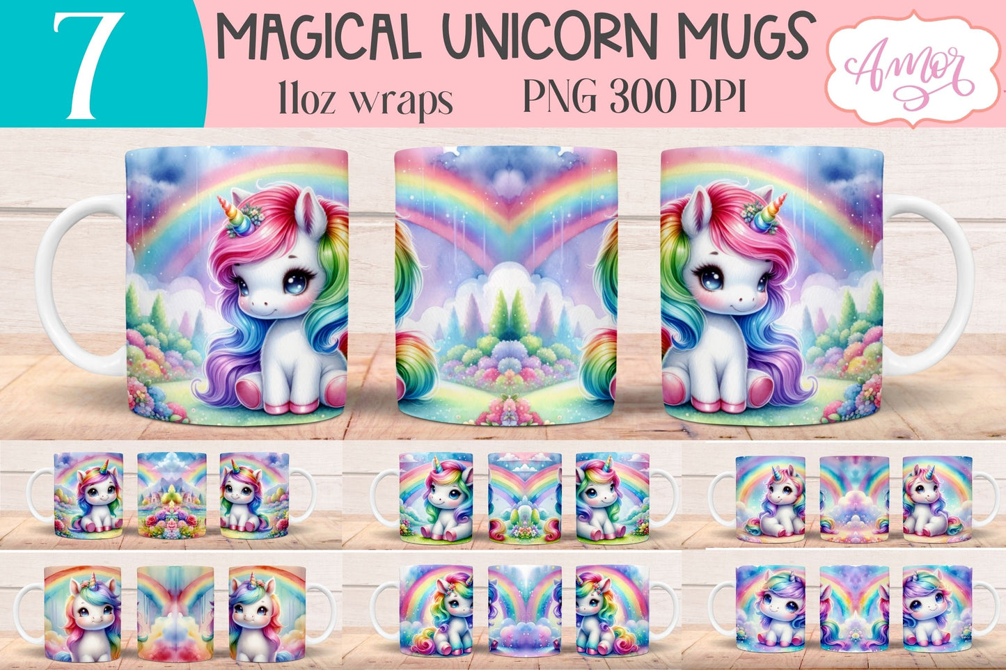 Magical Unicorn mug wraps for sublimation | Rainbow mug PNG