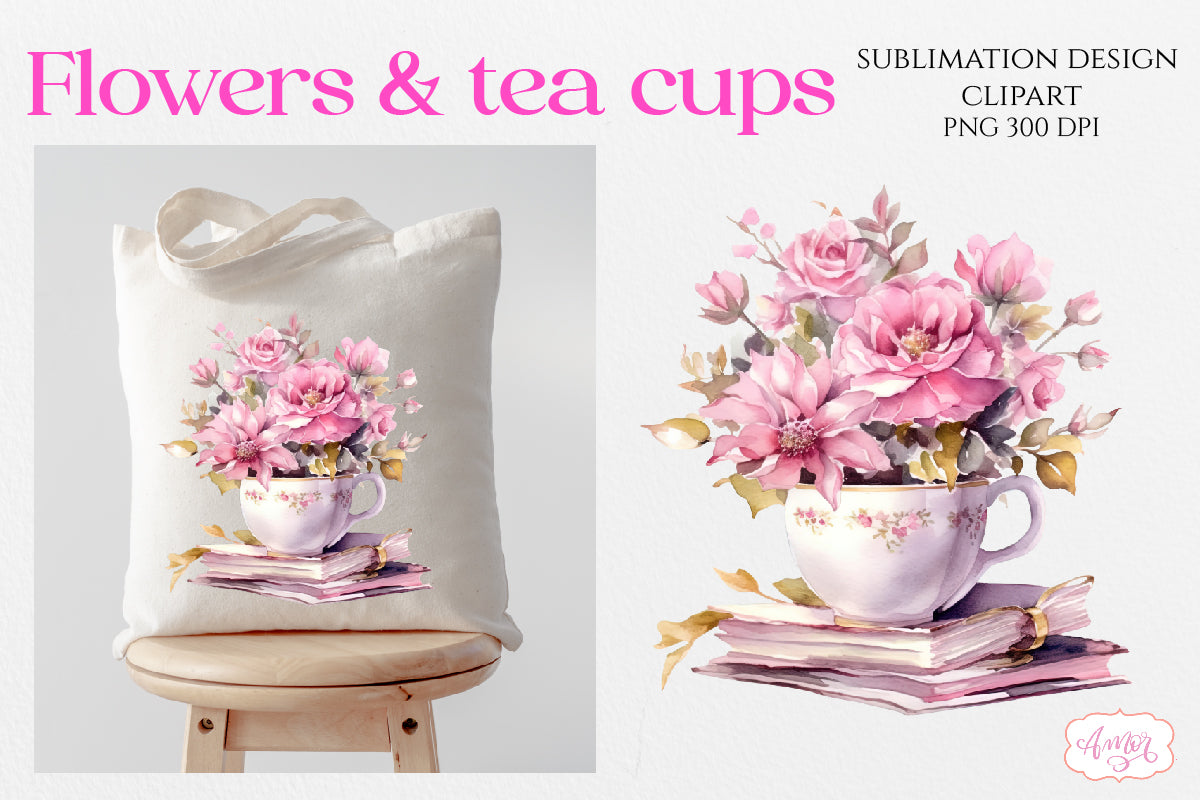 Watercolor tea cup and flowers sublimation PNG bundle