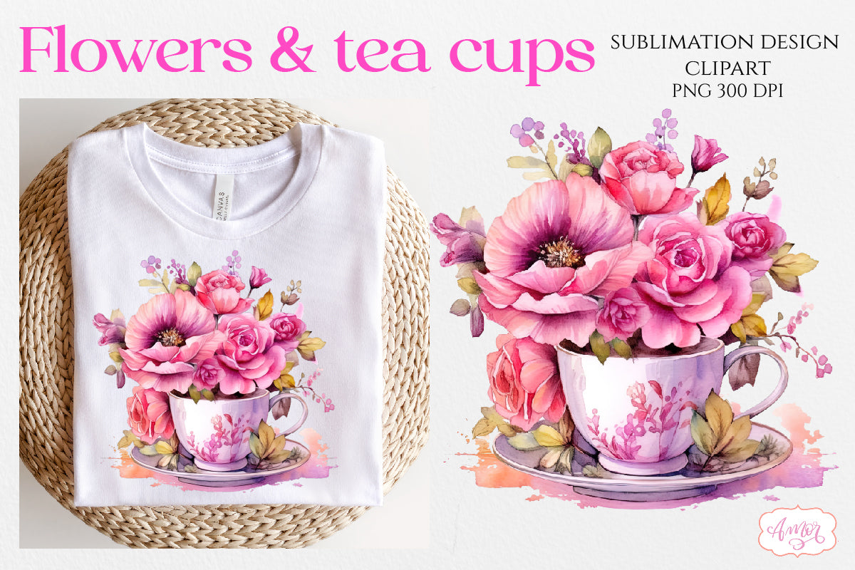 Watercolor tea cup and flowers sublimation PNG bundle