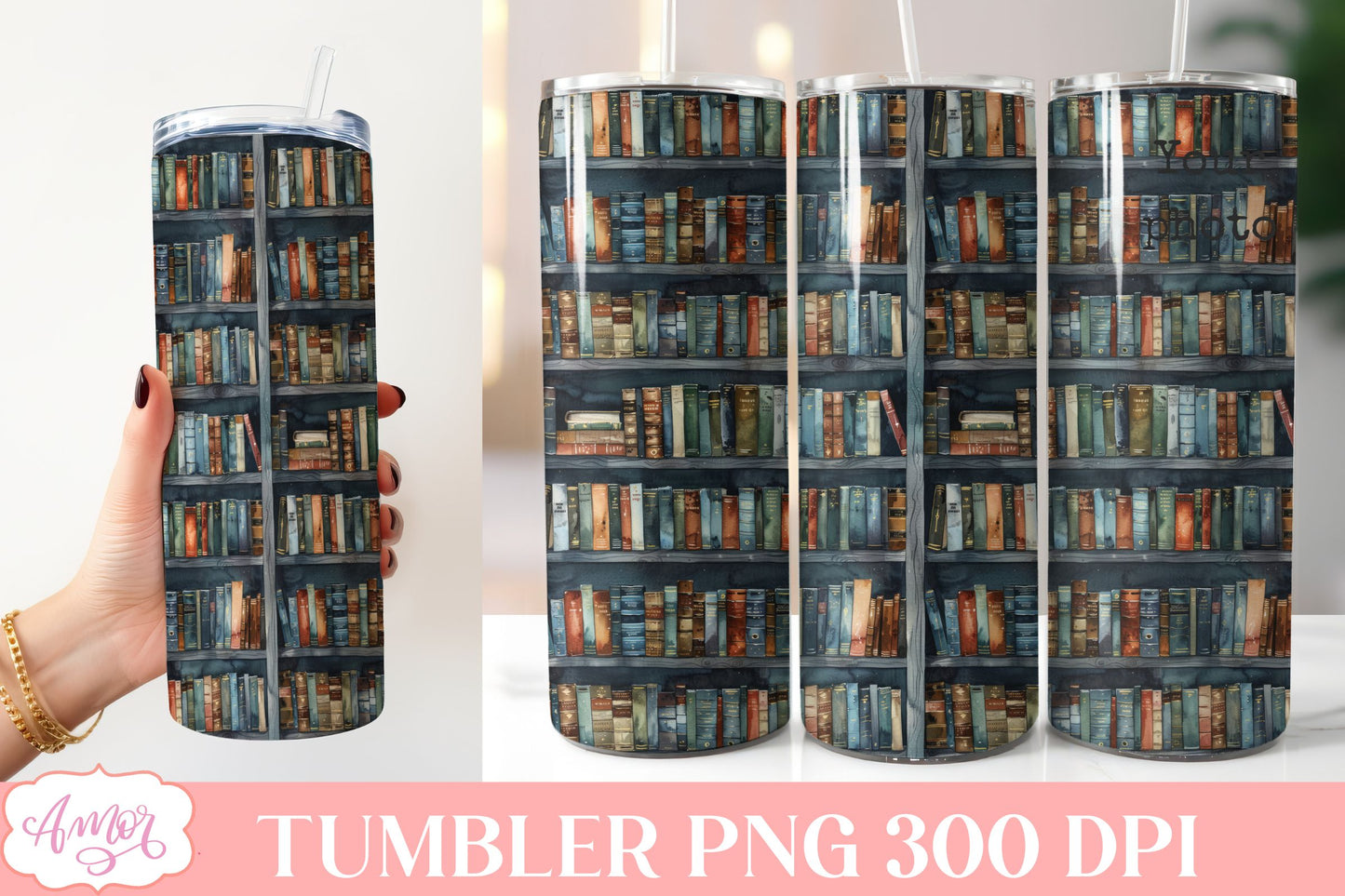 Library tumbler wrap sublimation PNG | Book lover tumbler