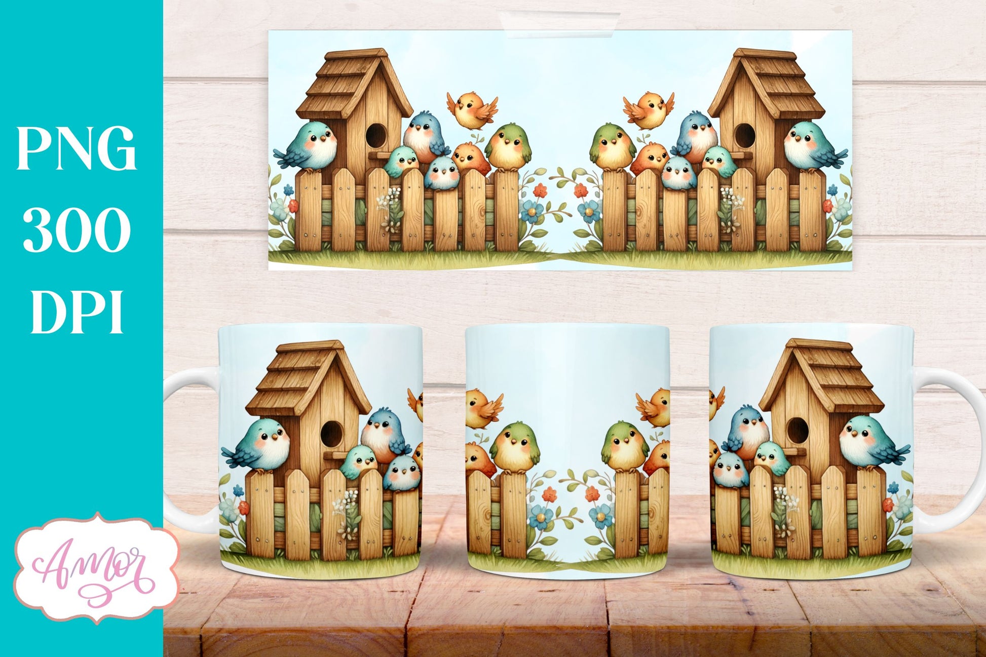 Bundle of 8 Cute watercolor birds mug wraps for sublimation