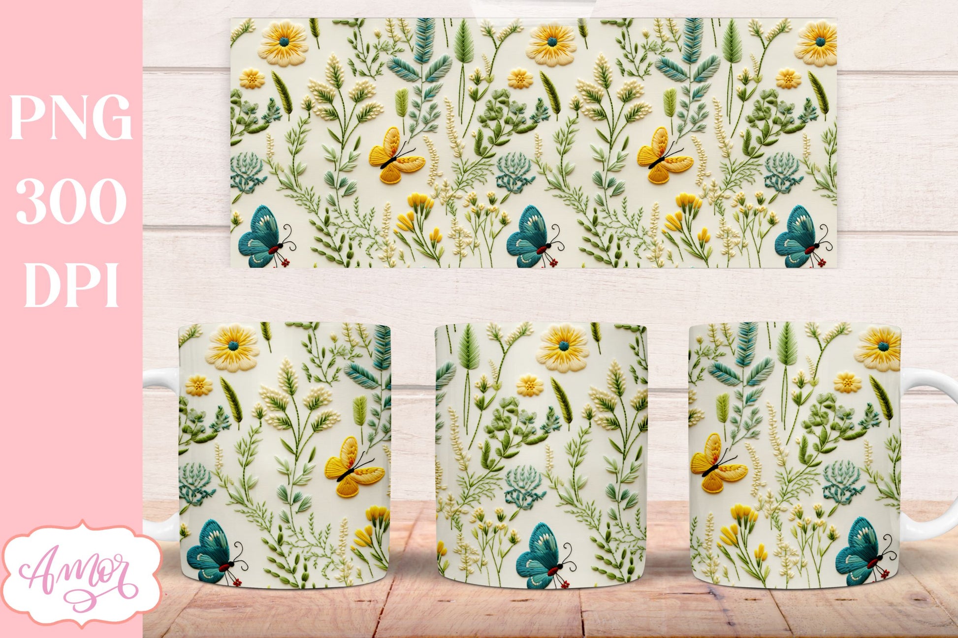 3D embroidery flowers mug wrap design sublimation