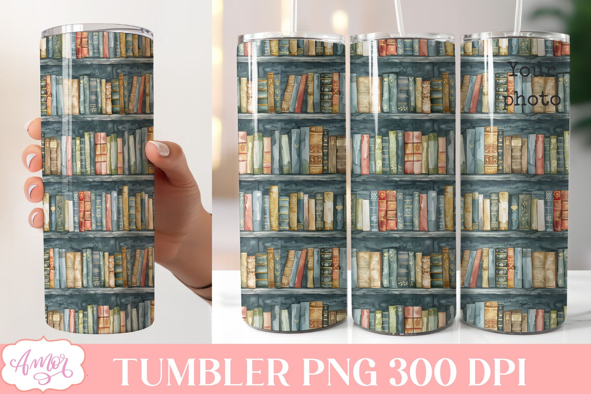 Library tumbler wrap sublimation PNG | Book lover tumbler