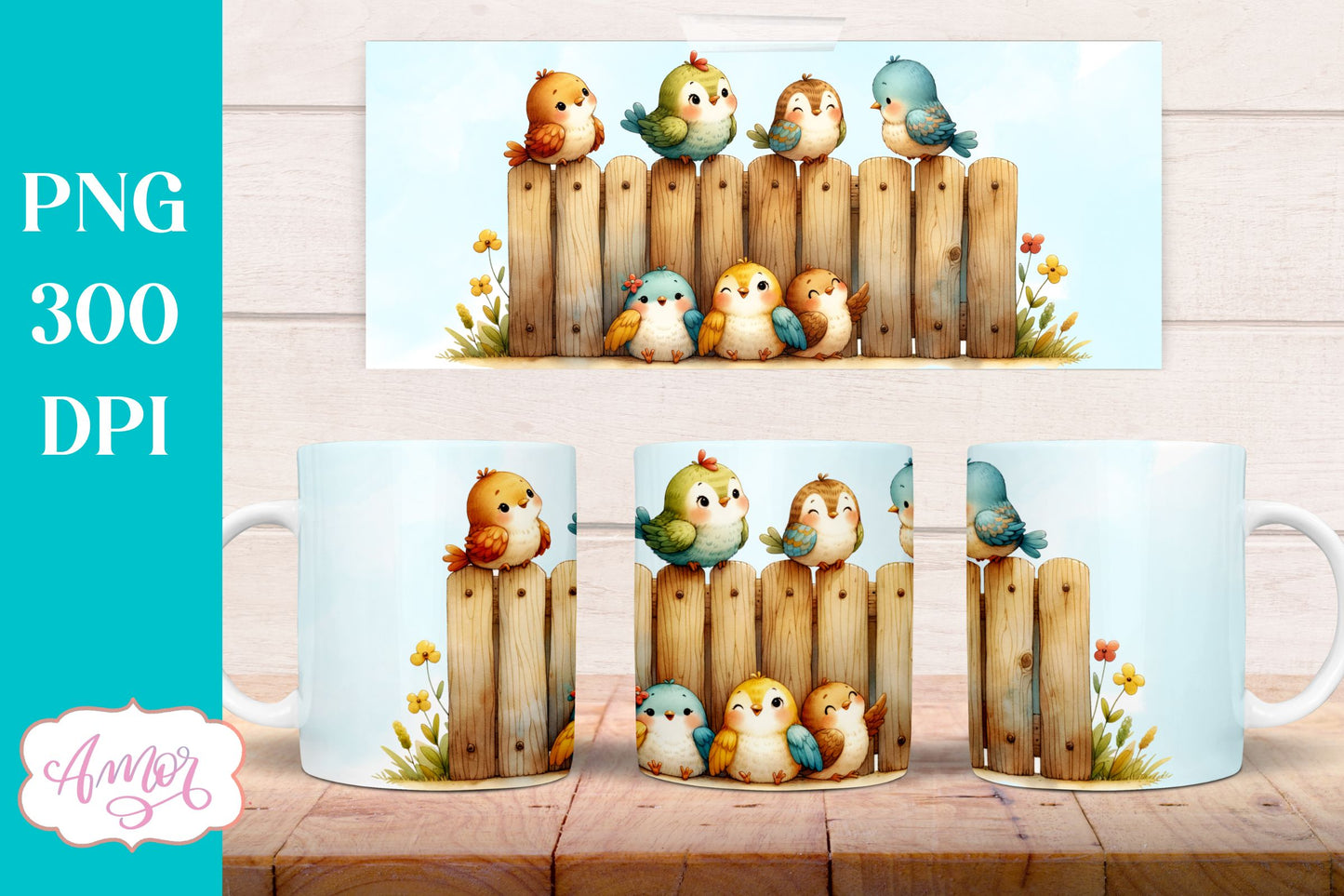 Bundle of 8 Cute watercolor birds mug wraps for sublimation