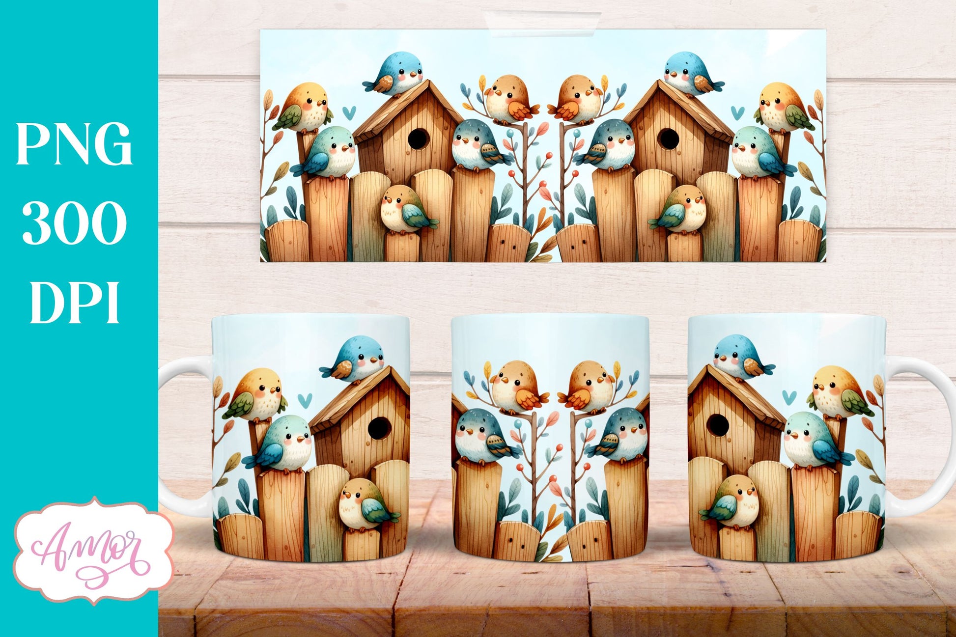 Bundle of 8 Cute watercolor birds mug wraps for sublimation