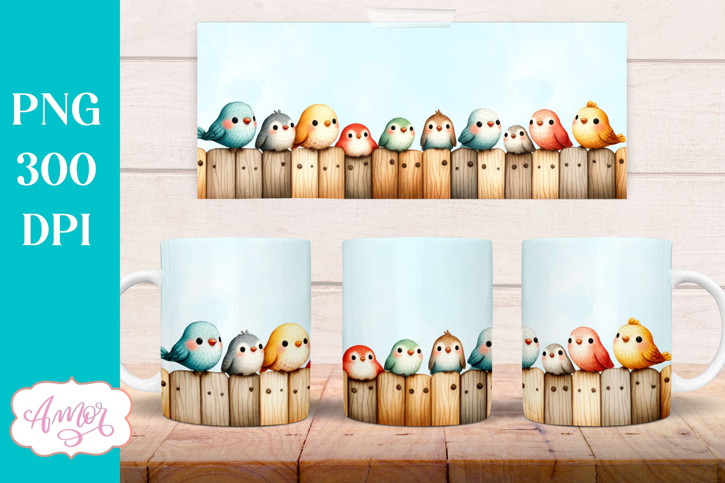 Bundle of 8 Cute watercolor birds mug wraps for sublimation