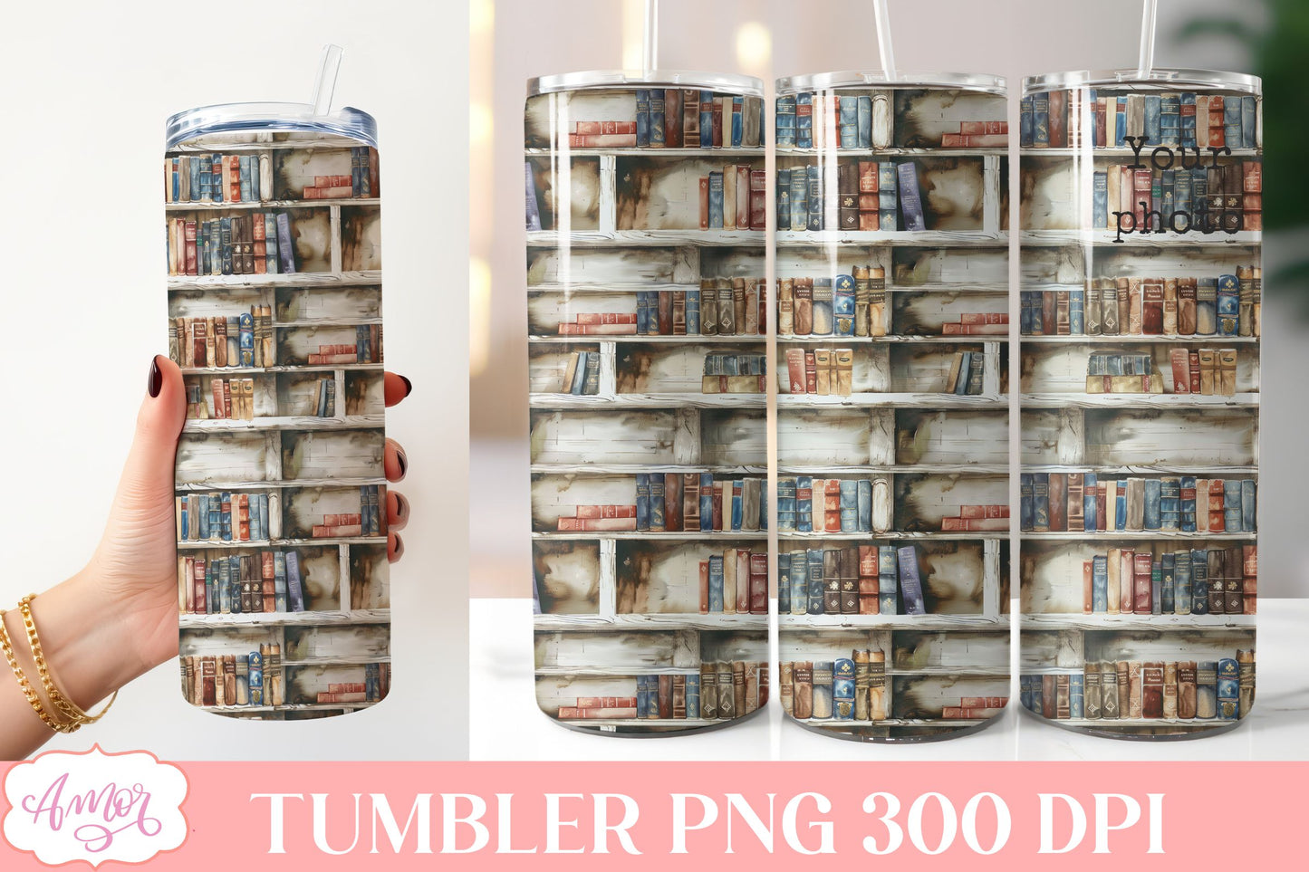 Library tumbler wrap sublimation PNG | Book lover tumbler