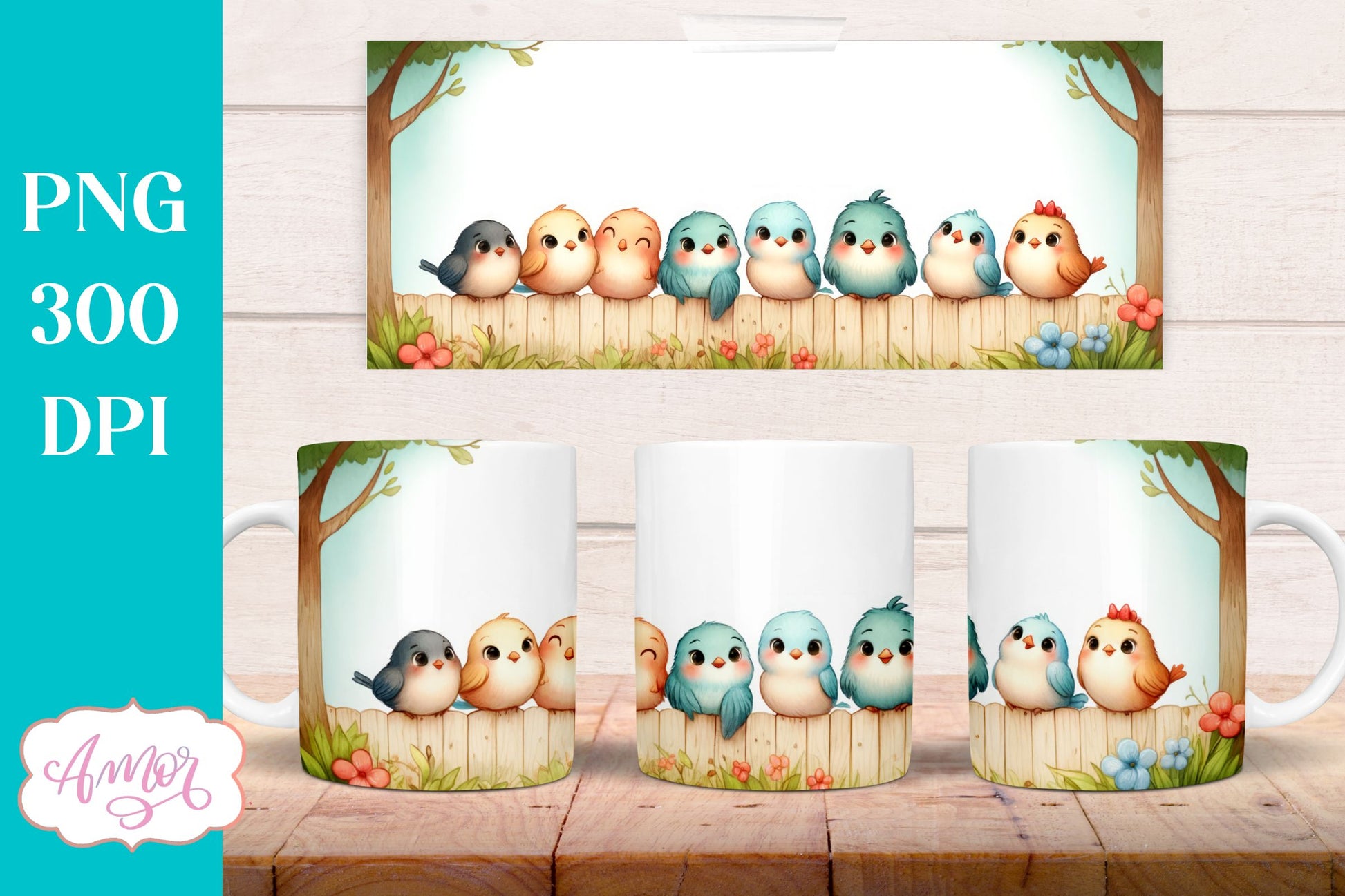 Bundle of 8 Cute watercolor birds mug wraps for sublimation