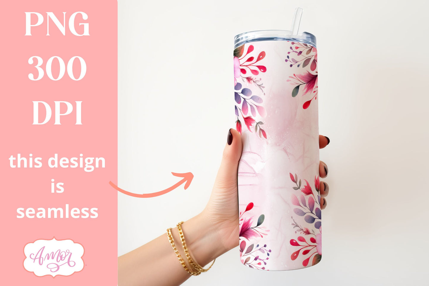 Pink floral tumbler wrap PNG | Customizable tumbler design