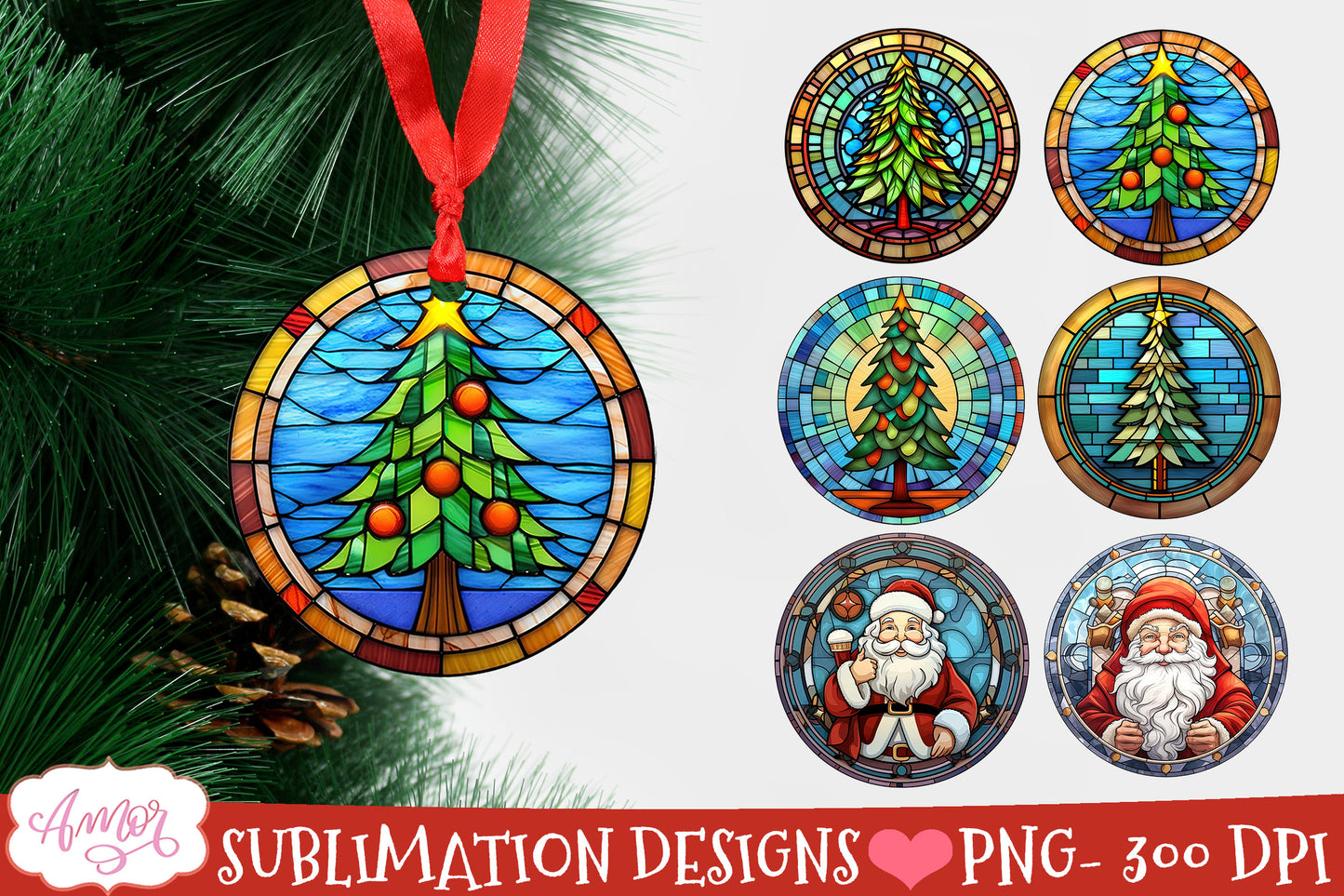 Round stained glass christmas ornament sublimation