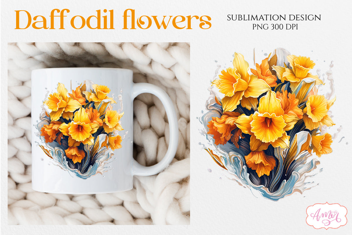 Daffodil flowers sublimation PNG bundle | Yellow flowers PNG