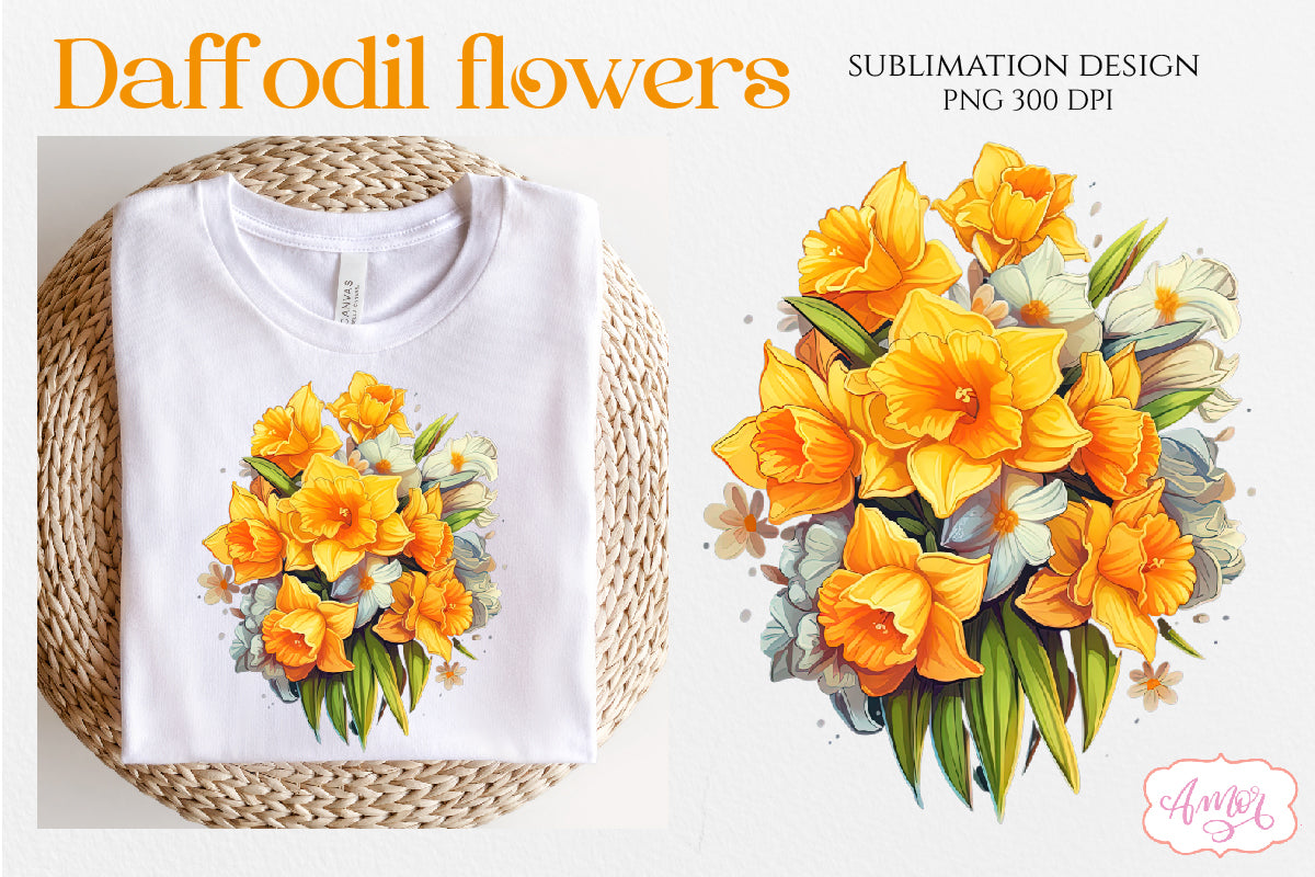 Daffodil flowers sublimation PNG bundle | Yellow flowers PNG
