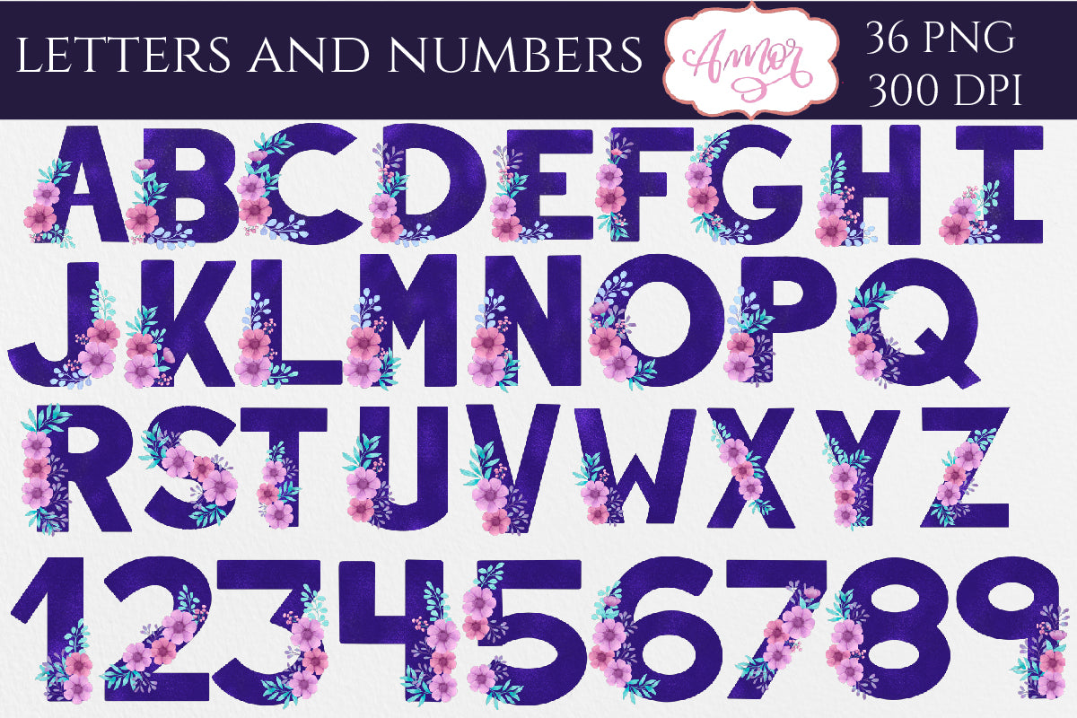 Floral alphabet set for sublimation | Monogram letters PNG