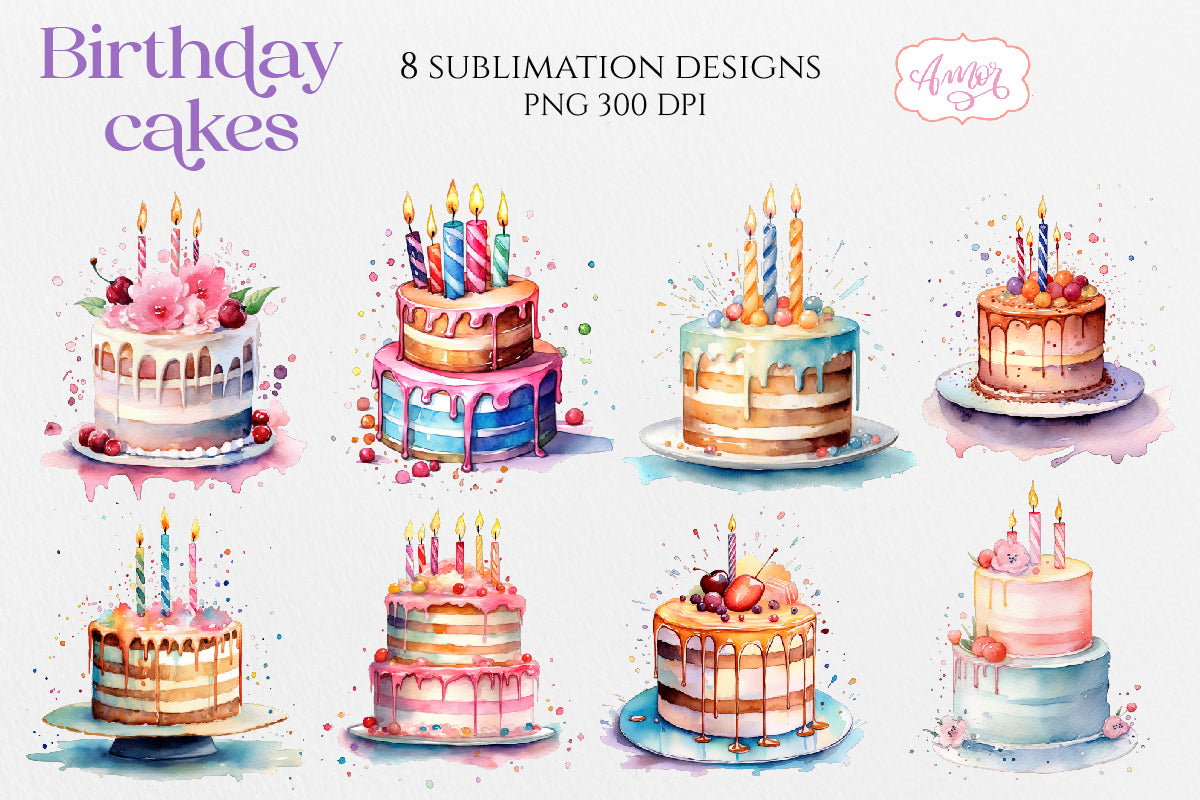 Watercolor birthday cakes clipart PNG for sublimation