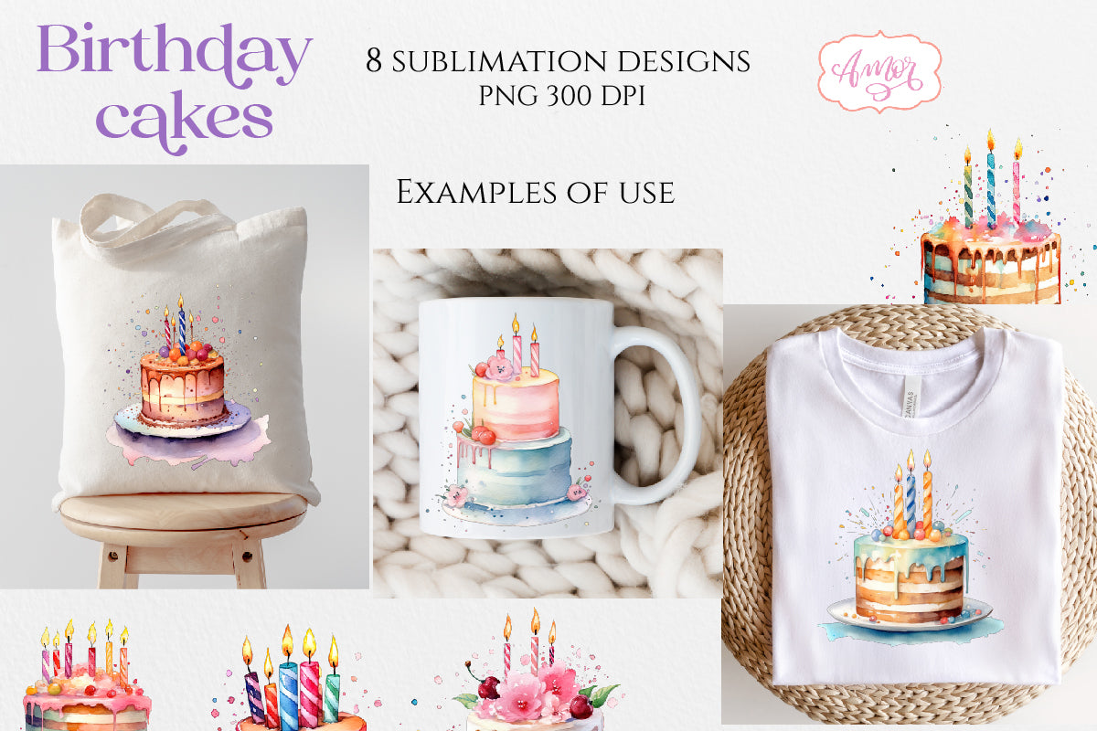 Watercolor birthday cakes clipart PNG for sublimation