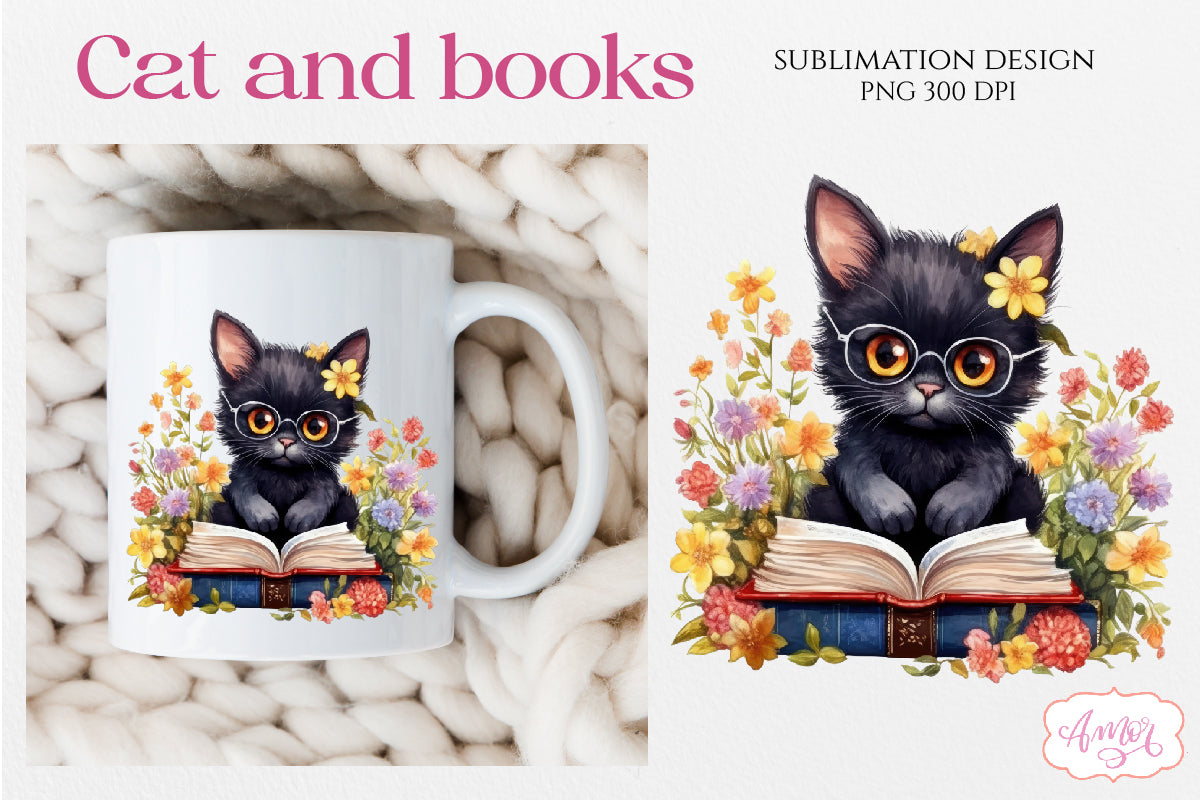 Black cat and books PNG for sublimation