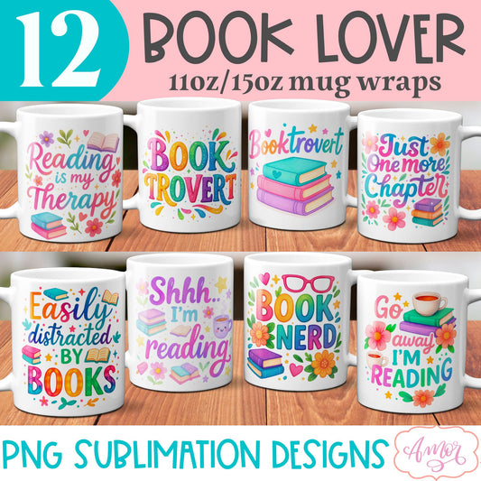 Book lover mug wrap sublimation PNG BUNDLE, book nerd mugs
