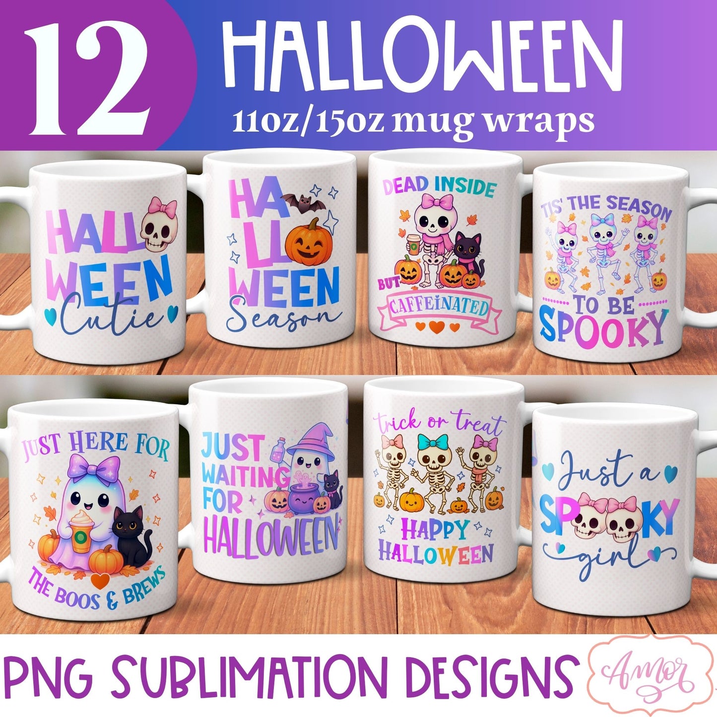 BUNDLE Halloween Mug Wrap PNG, Cute Halloween Mug Template