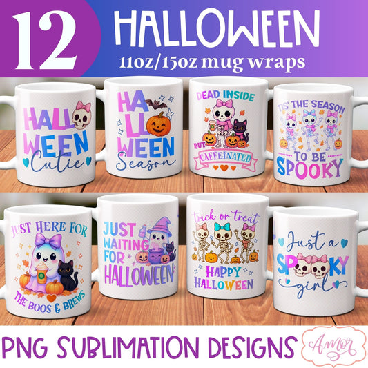 BUNDLE Halloween Mug Wrap PNG, Cute Halloween Mug Template