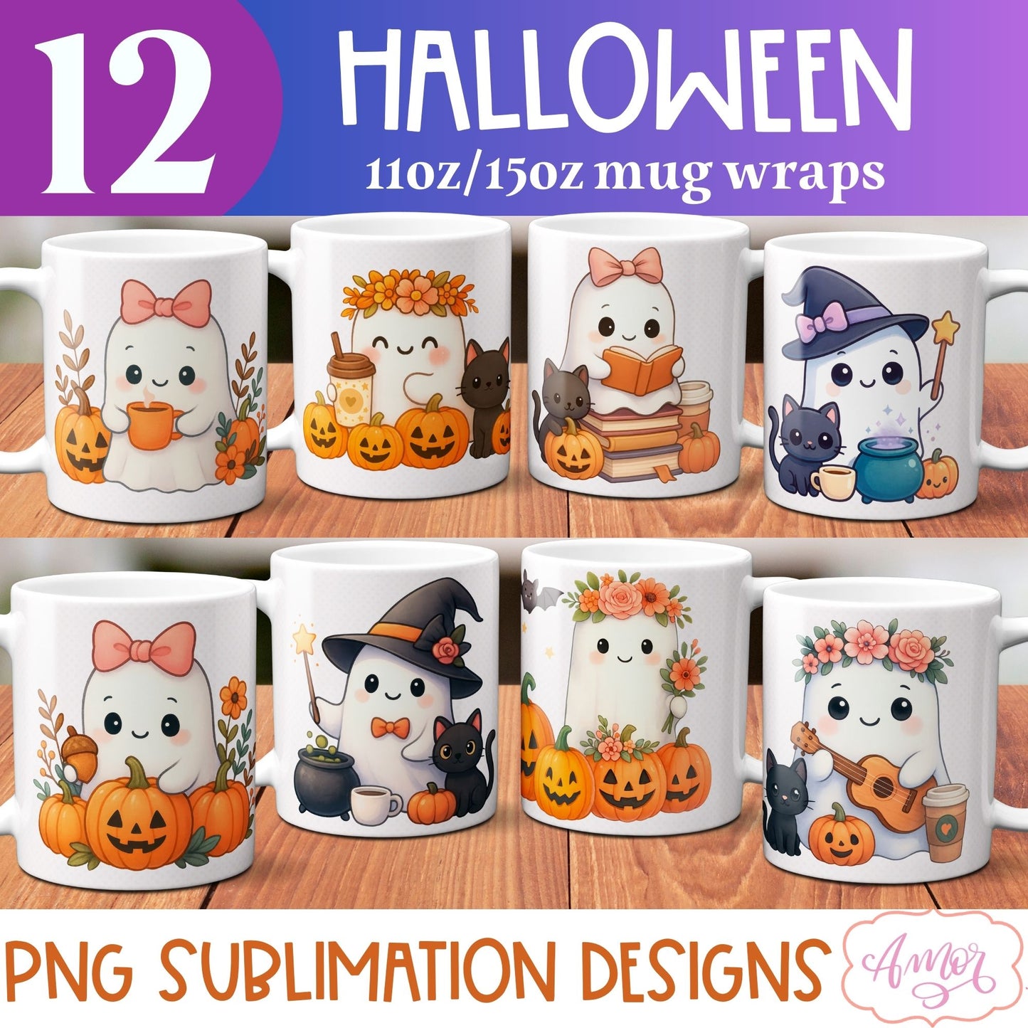 DIGITAL DOWNLOAD BUNDLE Cute ghost mug wrap, Sublimation png