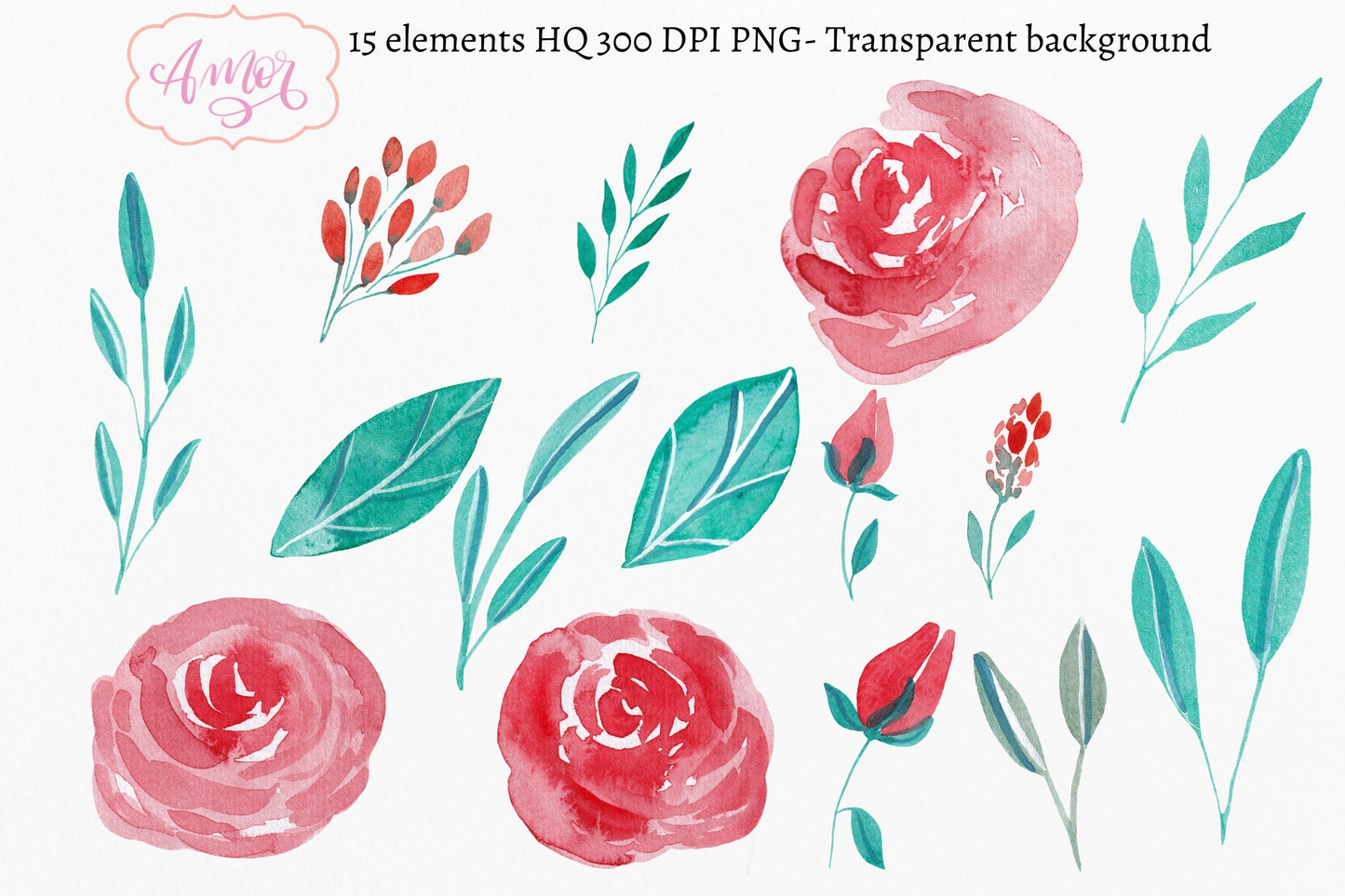 Red Watercolor Roses floral clipart