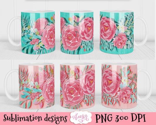 2 Pink floral designs for 11oz mug sublimation