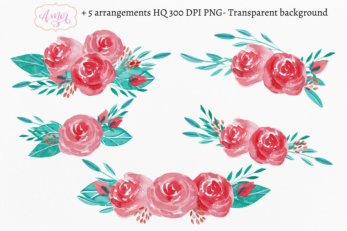 Red Watercolor Roses floral clipart