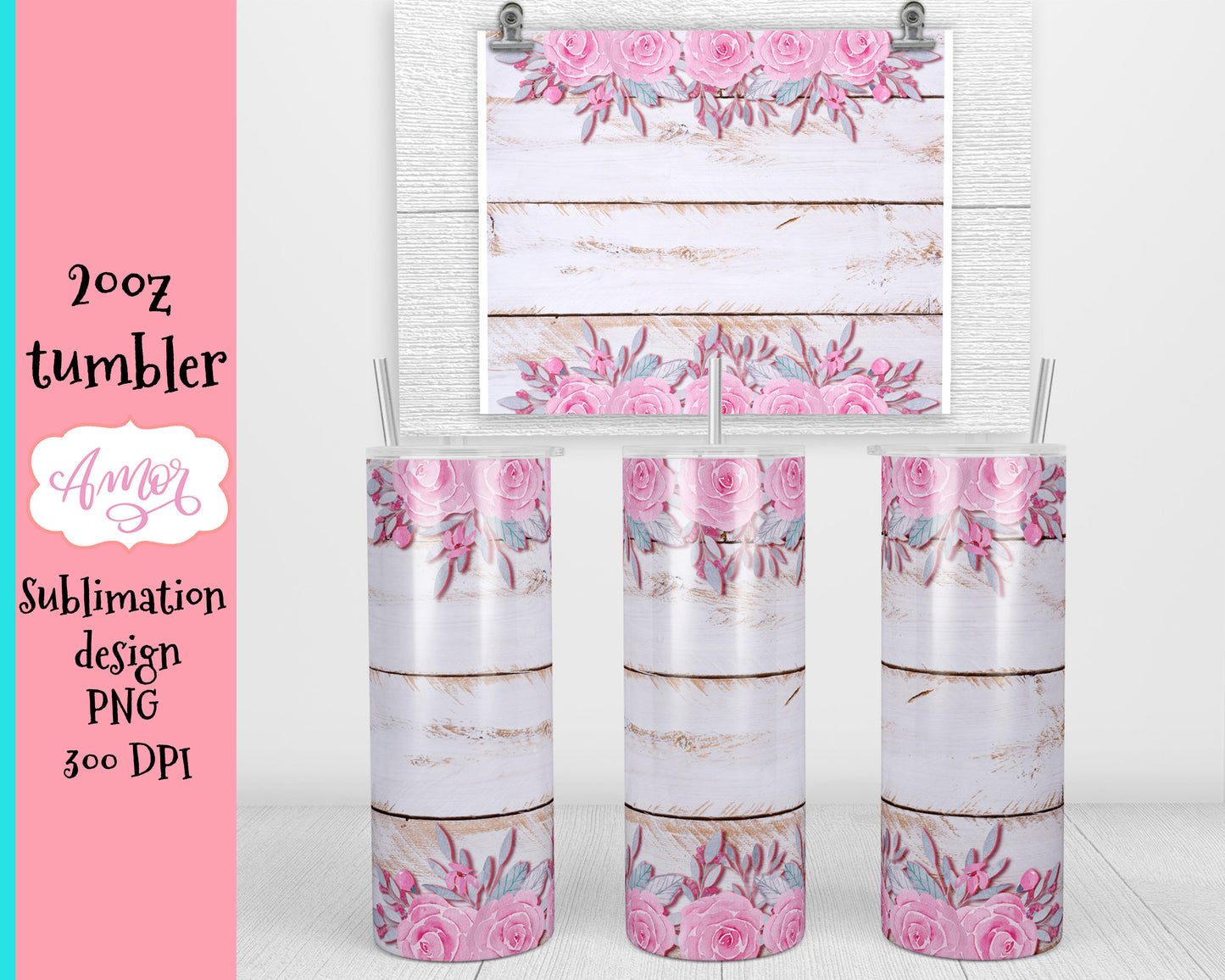 White Wood and Roses tumbler design for sublimation
