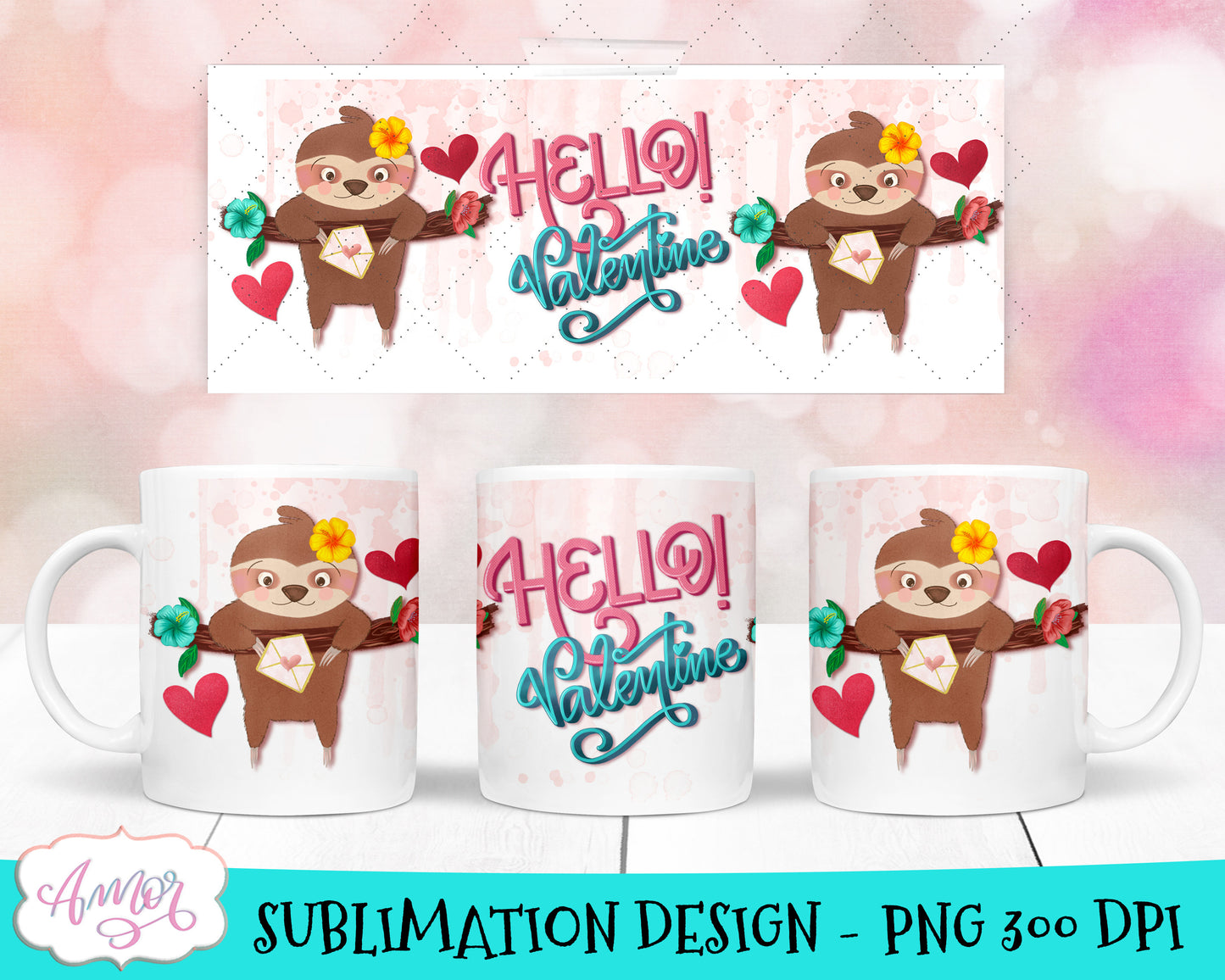 Cute Sloths Valentines Mug Wrap for Sublimation Bundle