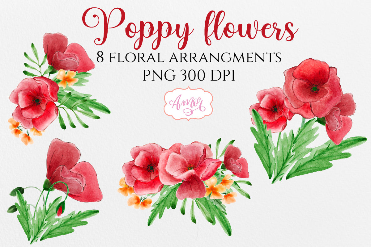Watercolor Clipart Set with Poppy Flowers and Wildflowers