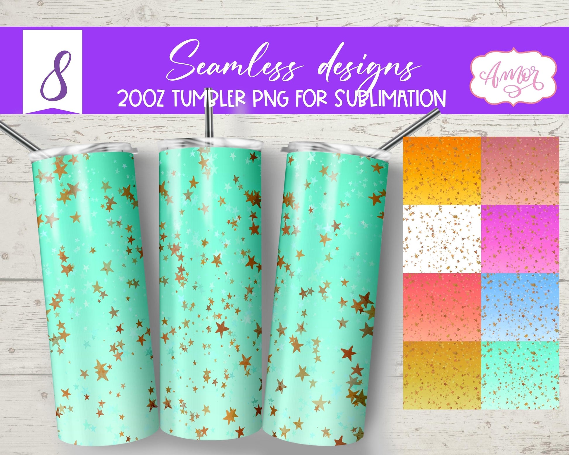 Stars Seamless Tumbler Wraps for Sublimation BUNDLE 8 PNG