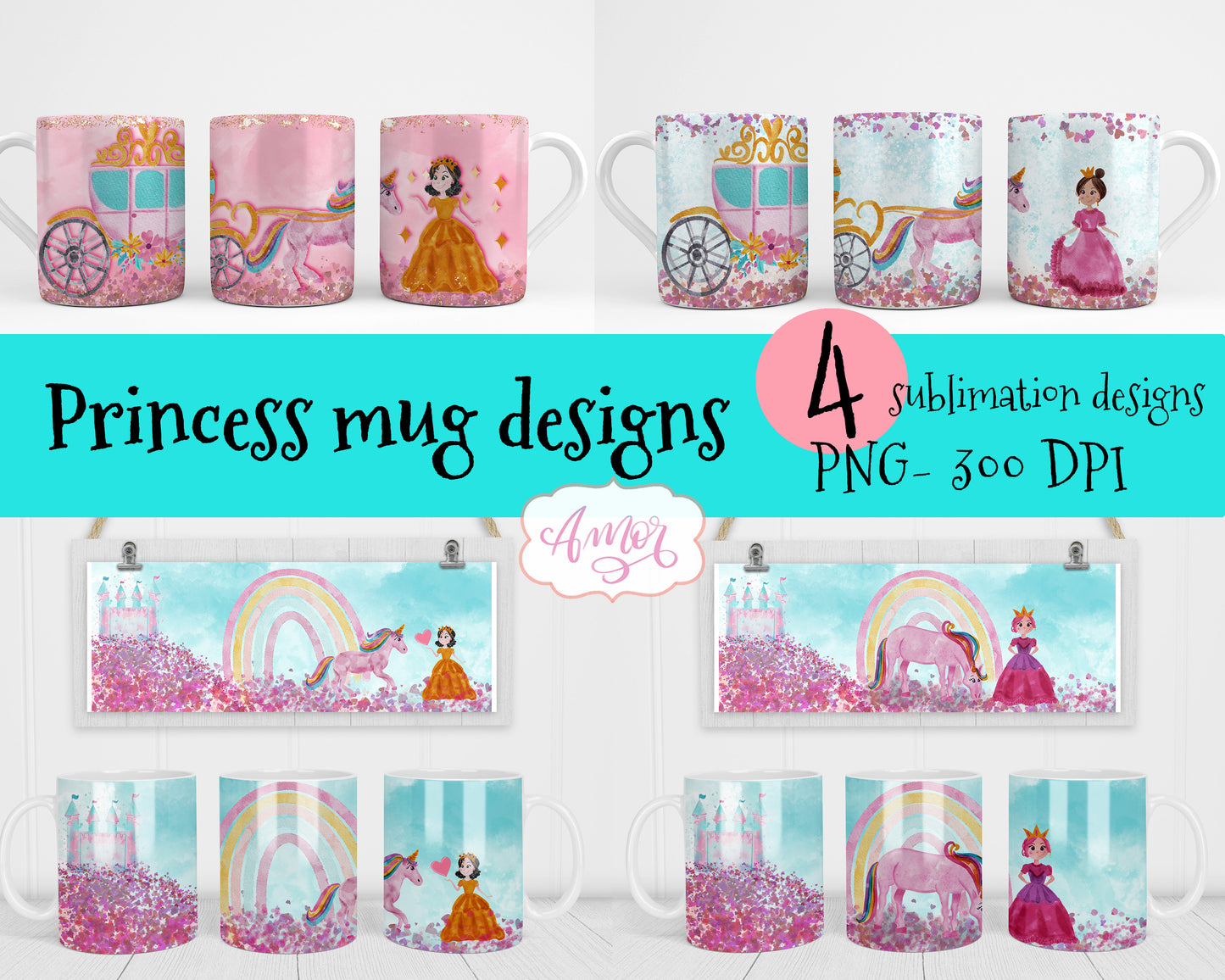 4 Unicorn and Princess mug sublimation templates for 11oz