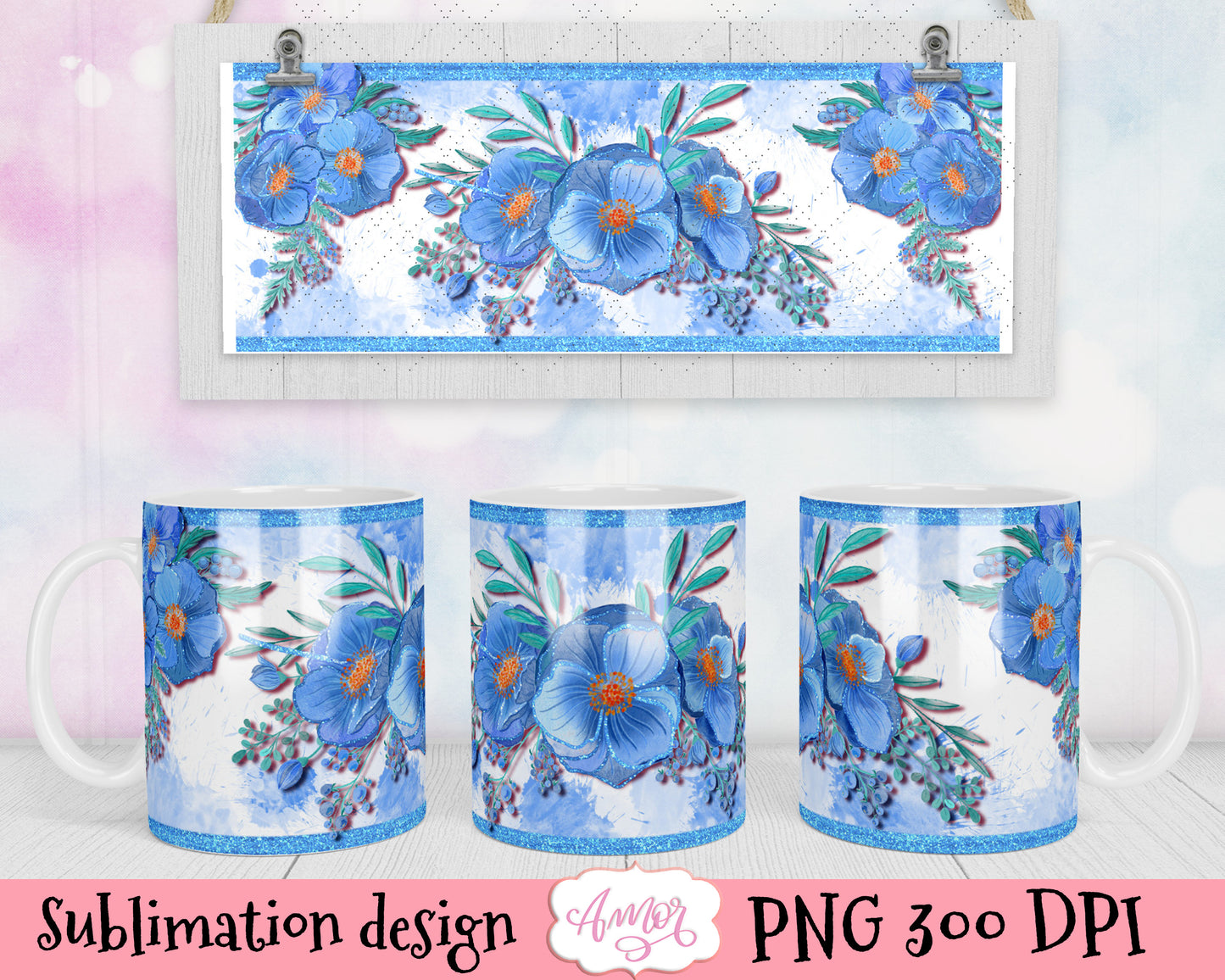 Watercolor Blue Floral Designs for mug sublimation BUNDLE