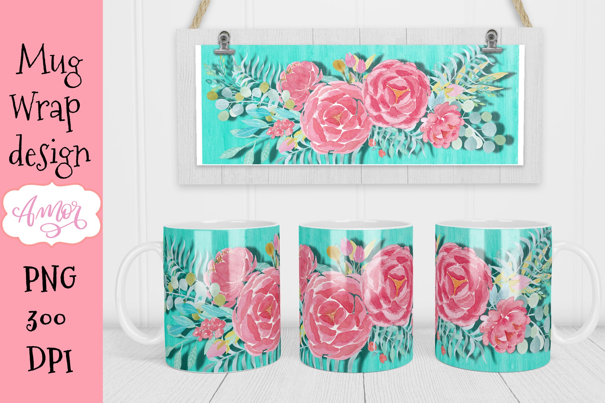 2 Pink floral designs for 11oz mug sublimation