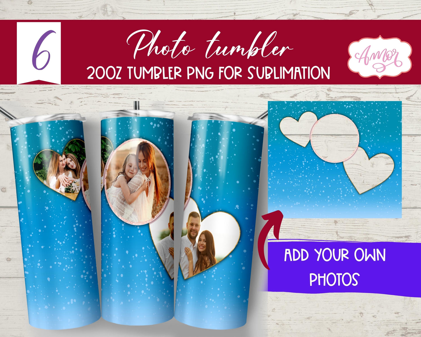 Photo tumbler wrap template for sublimation, 6 PNG included