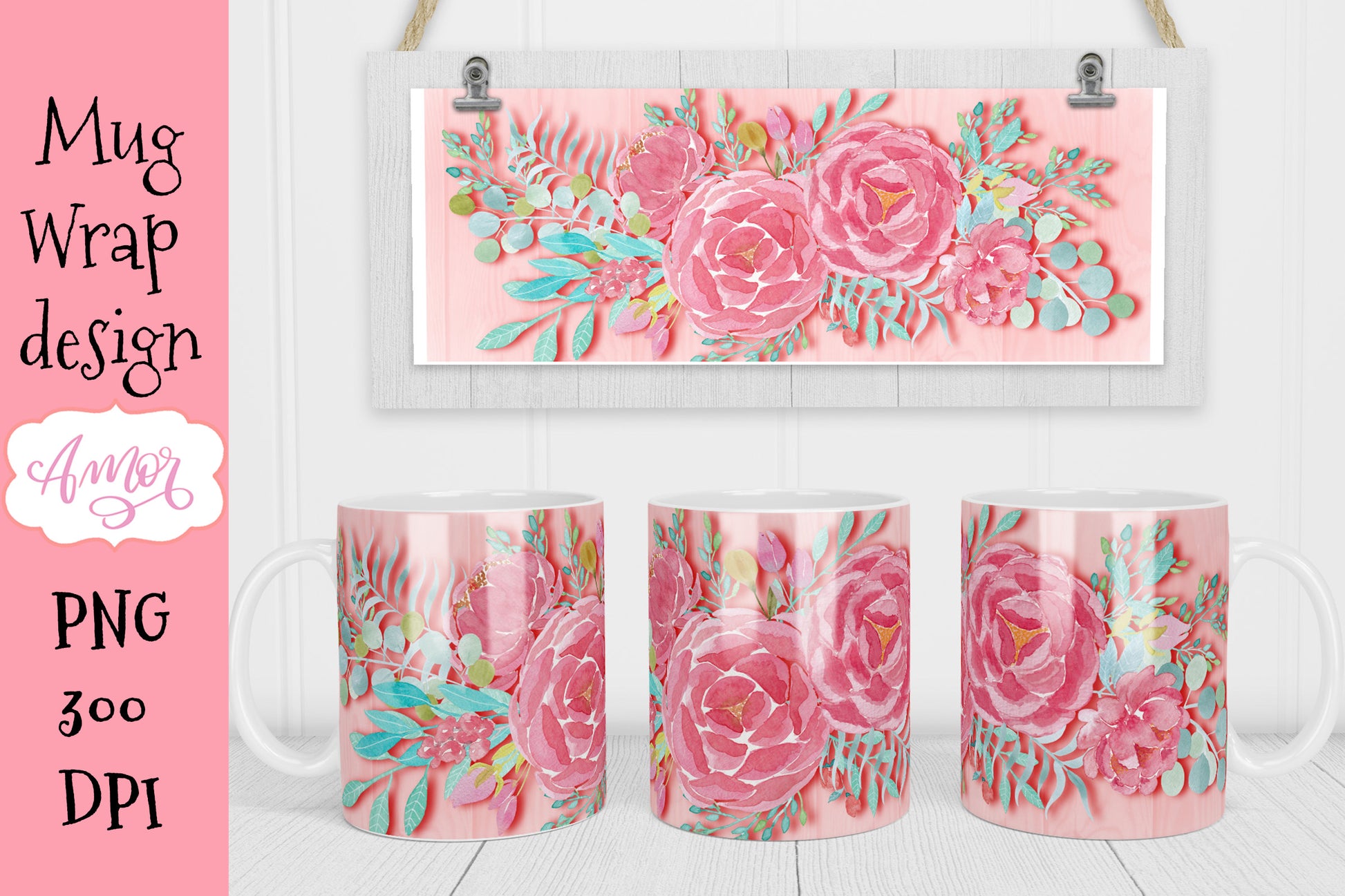 2 Pink floral designs for 11oz mug sublimation