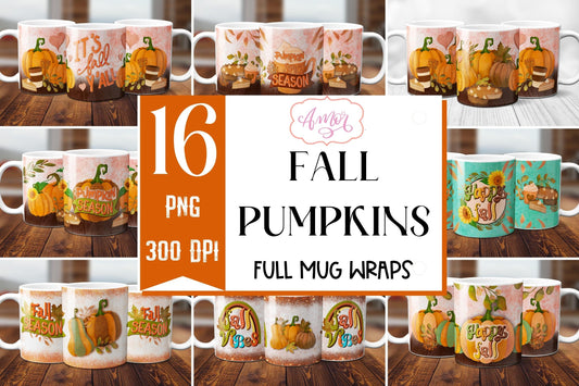 BUNDLE Fall Pumpkins Mug wrap PNG sublimation 11oz and 15oz