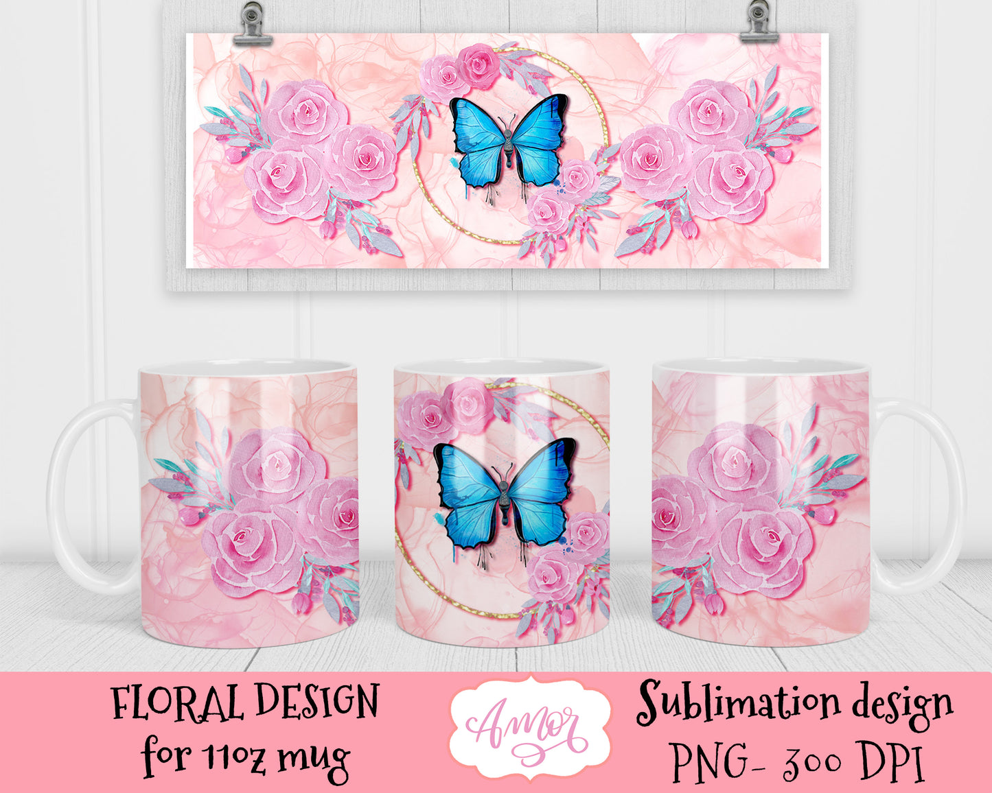 Blue Butterfly and Roses mug design for sublimation