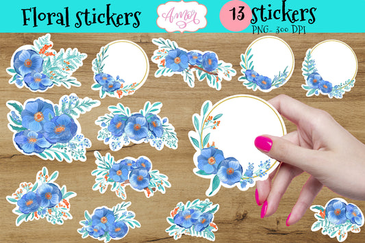 Blue Floral printable stickers for print then cut