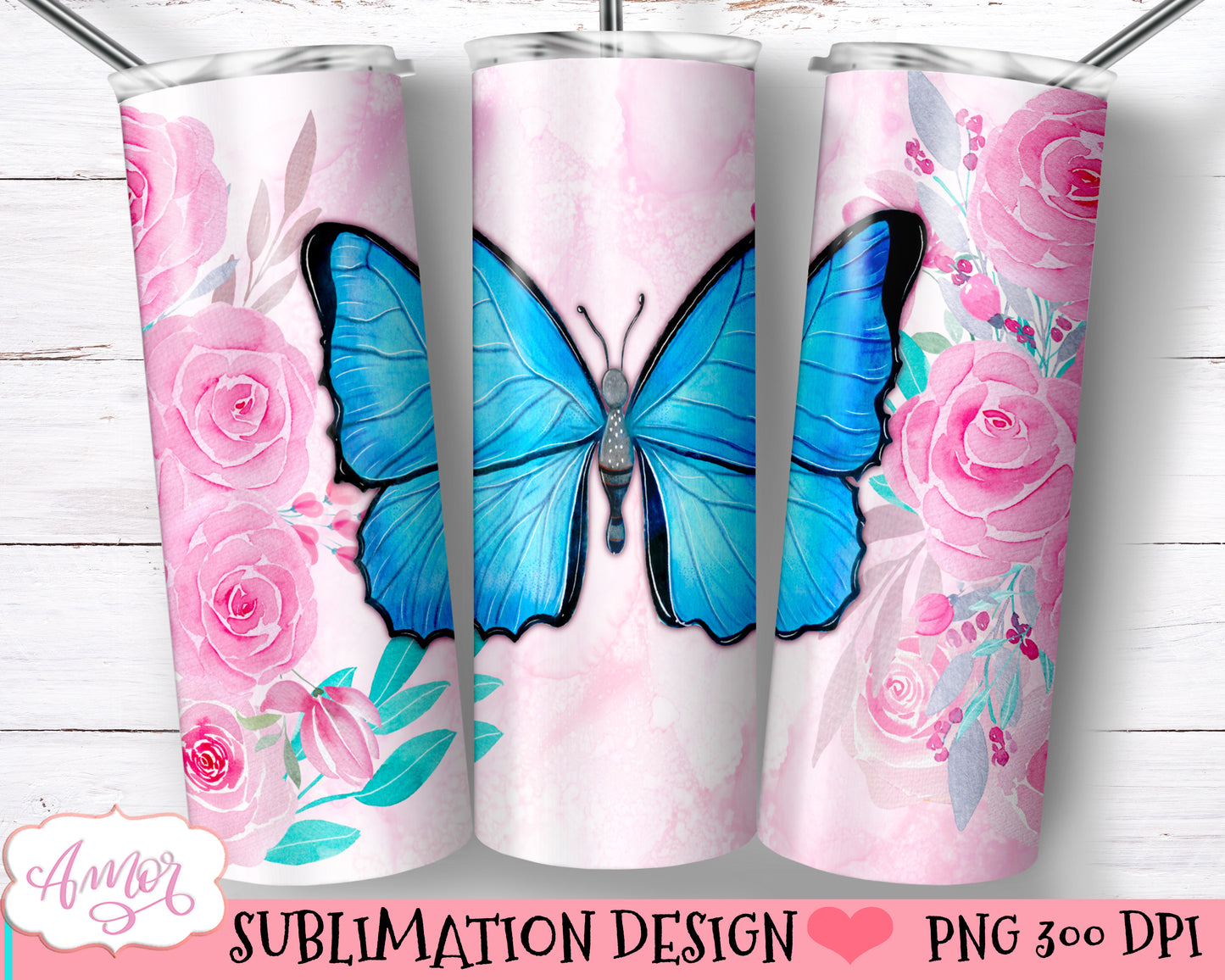 Blue butterfly Tumbler wrap PNG for Sublimation