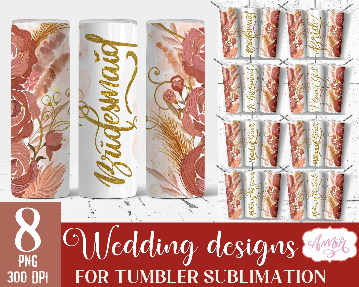 Boho wedding party tumbler wraps for sublimation