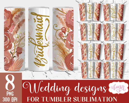 Boho wedding party tumbler wraps for sublimation