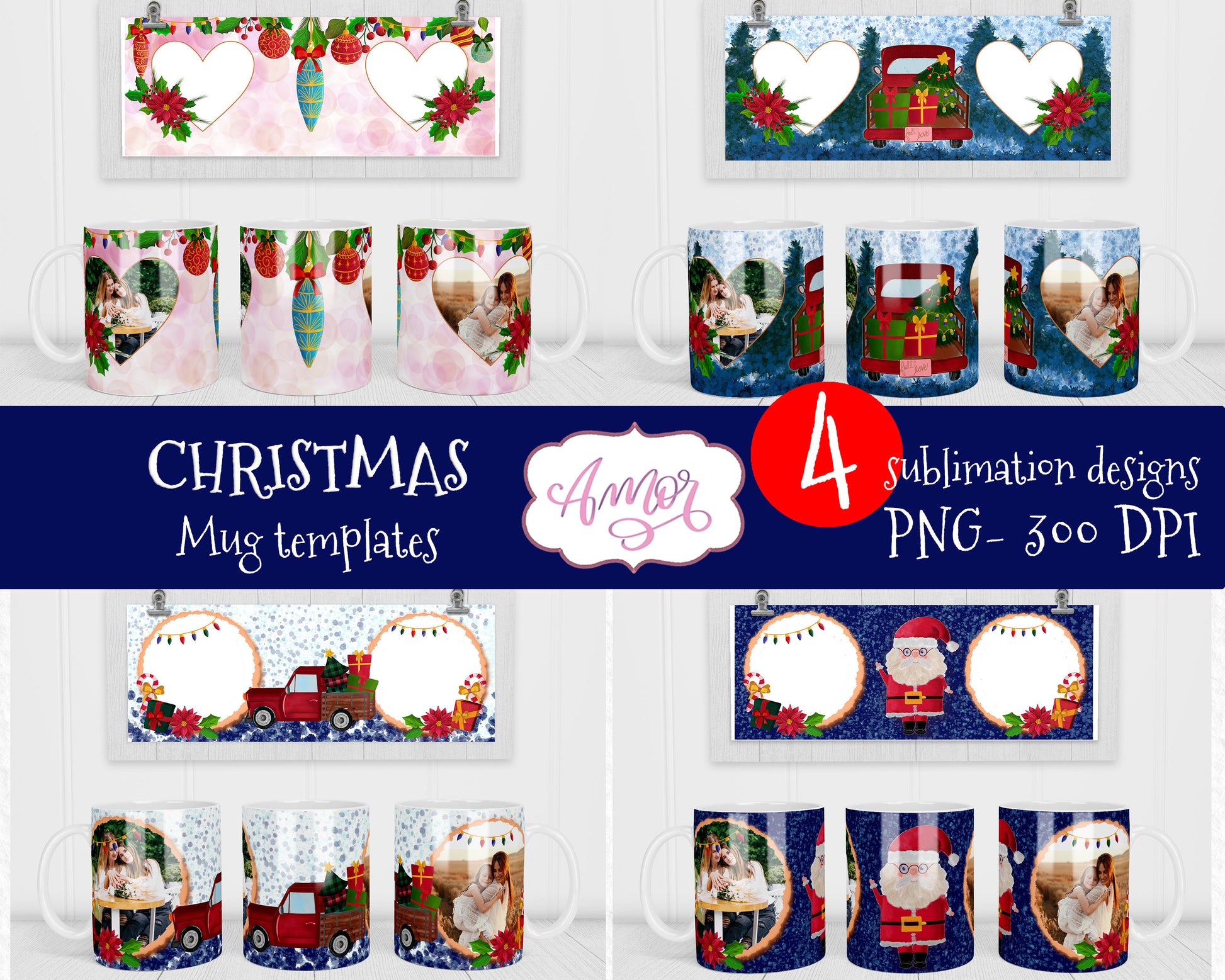 BUNDLE of 4 Christmas photo mug templates for sublimation