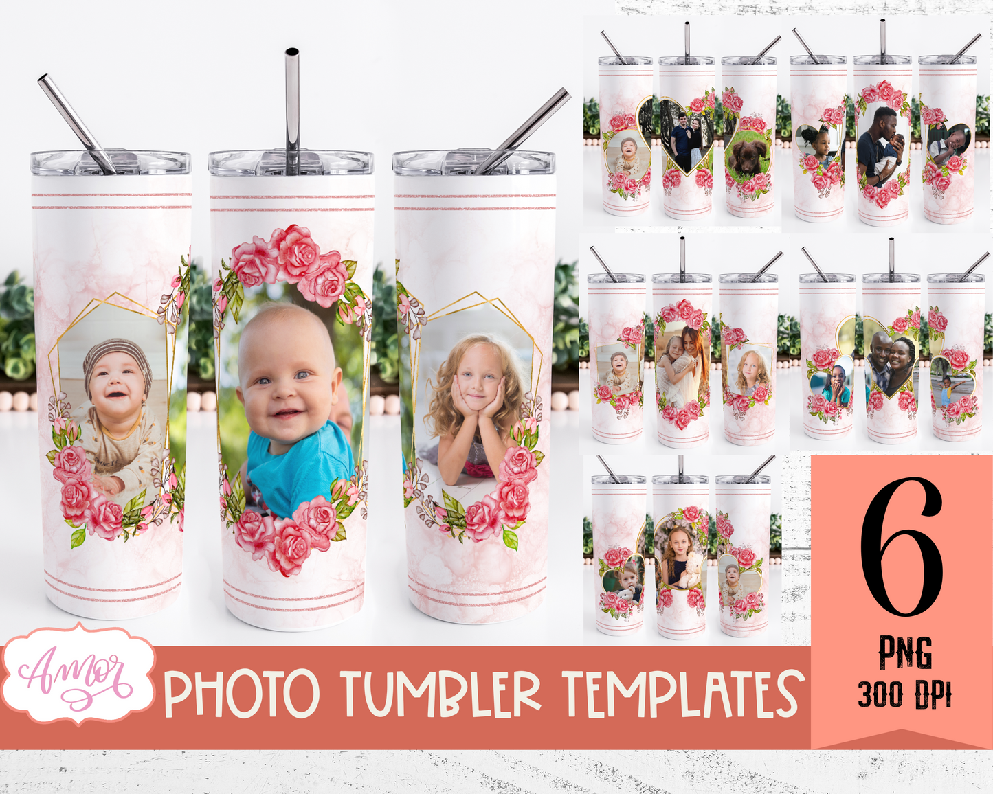Bundle of 6 floral photo tumbler wraps for sublimation