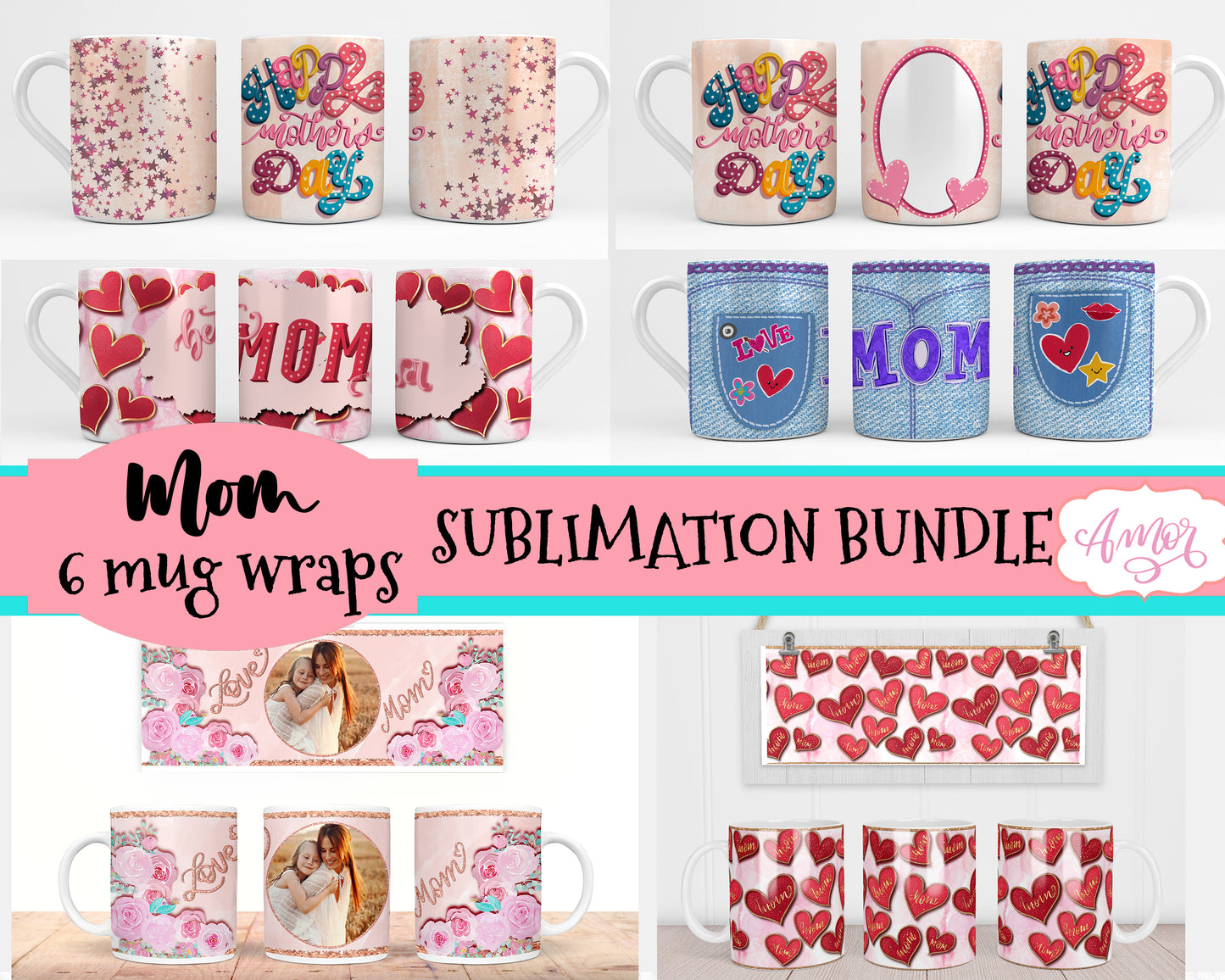 Bundle of 6 mother's day mug templates for sublimation