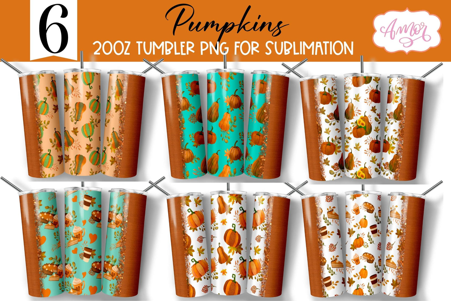 Bundle pumpkin tumbler wraps for sublimation  6 fall PNG