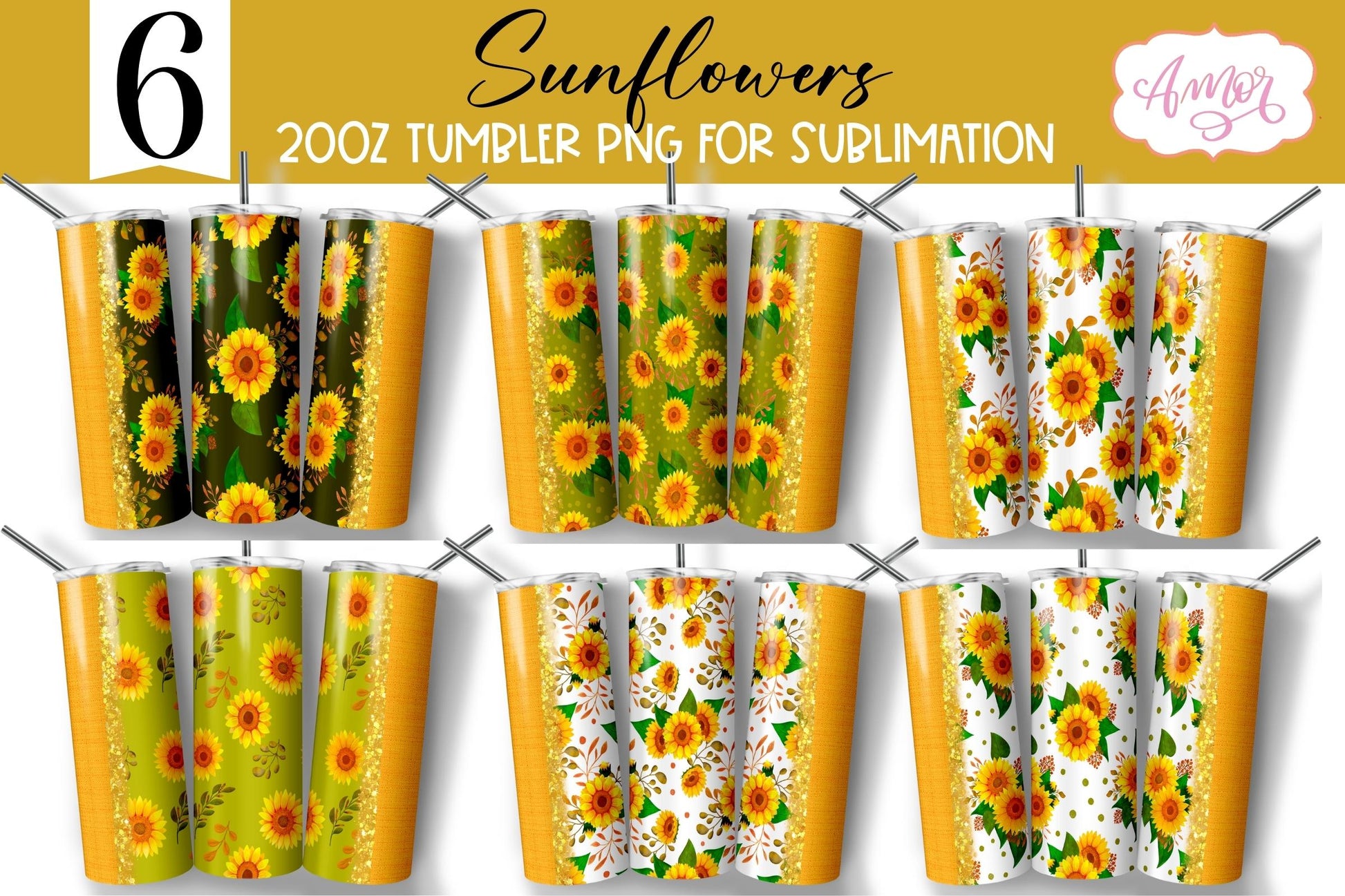 Bundle sunflower tumbler wrap for sublimation | 6 floral PNG